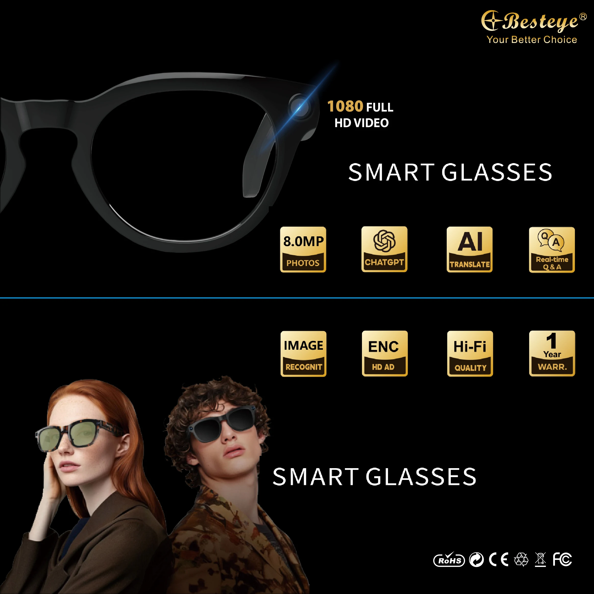 Occhiali da sole intelligenti da donna per uomo Occhiali da sole wireless impermeabili in più lingue Sport all'aria aperta Occhiali per traduzione vocale con fotocamera