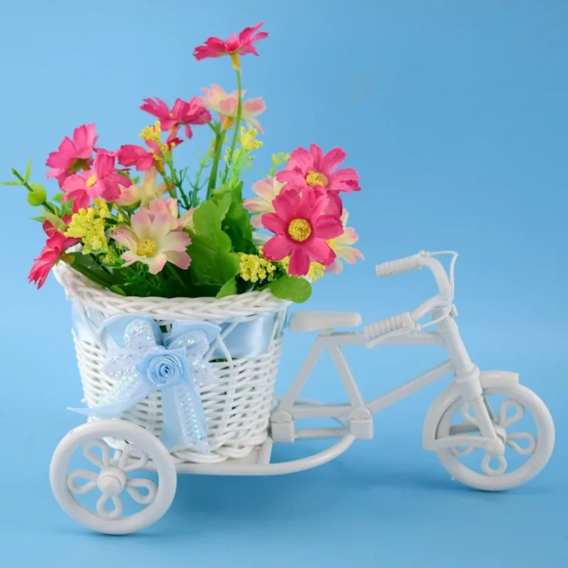 New Plastic White Tricycle Bike Design Flower Basket Container For Flower Plant Home Weddding Decoration