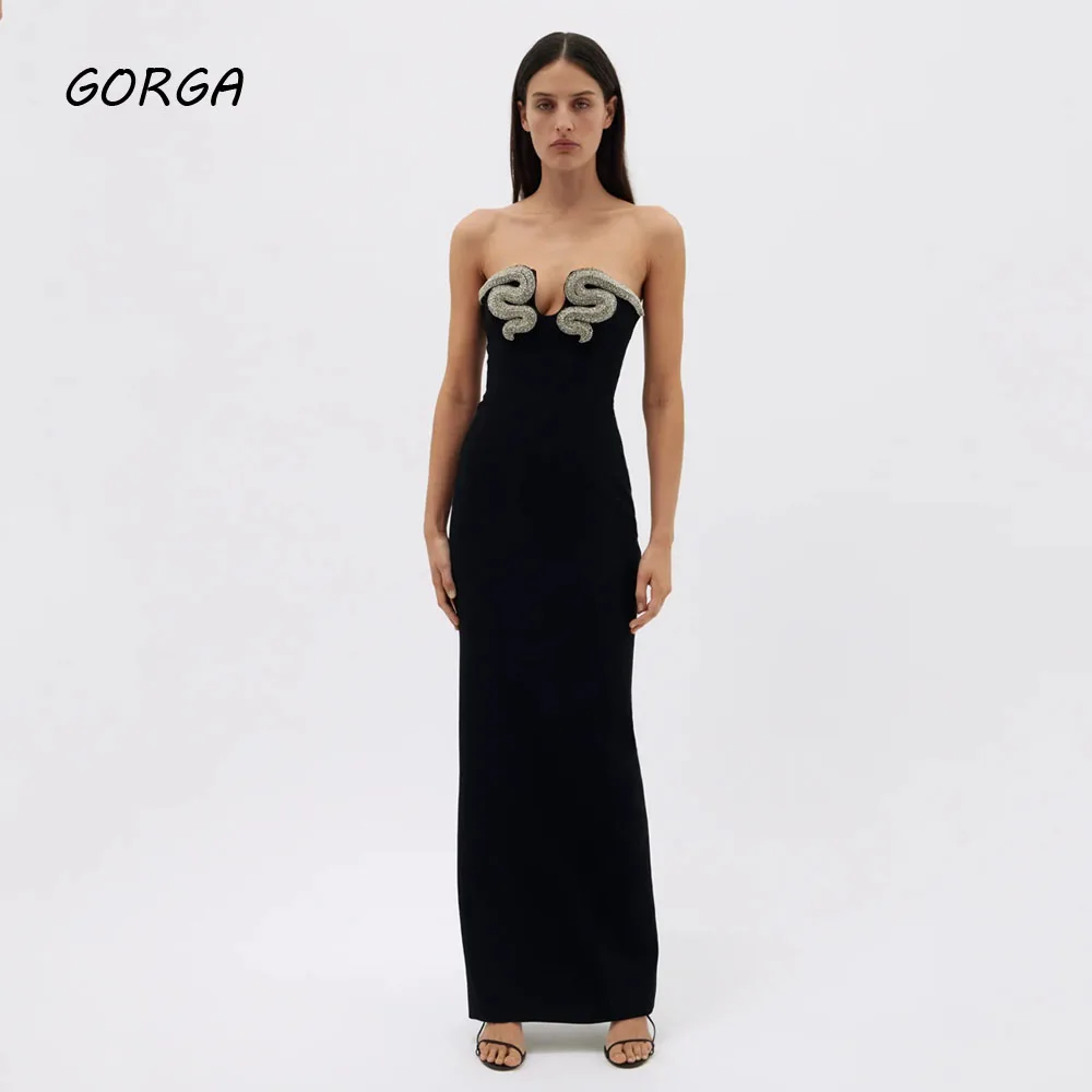 GORGA-vestido de noche con espalda descubierta para mujer, traje ajustado de sirena con apliques de crepé sin tirantes, longitud hasta el suelo, color negro, 2024