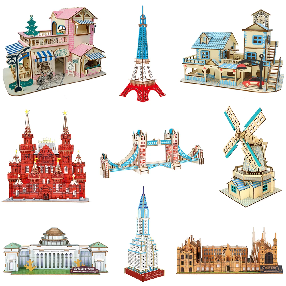 

3D Wooden Puzzle Eiffel Tower Bridge DIY Building Model Harvard University of Cambridge Wood Jigsaw Toys For Children Kids Gift