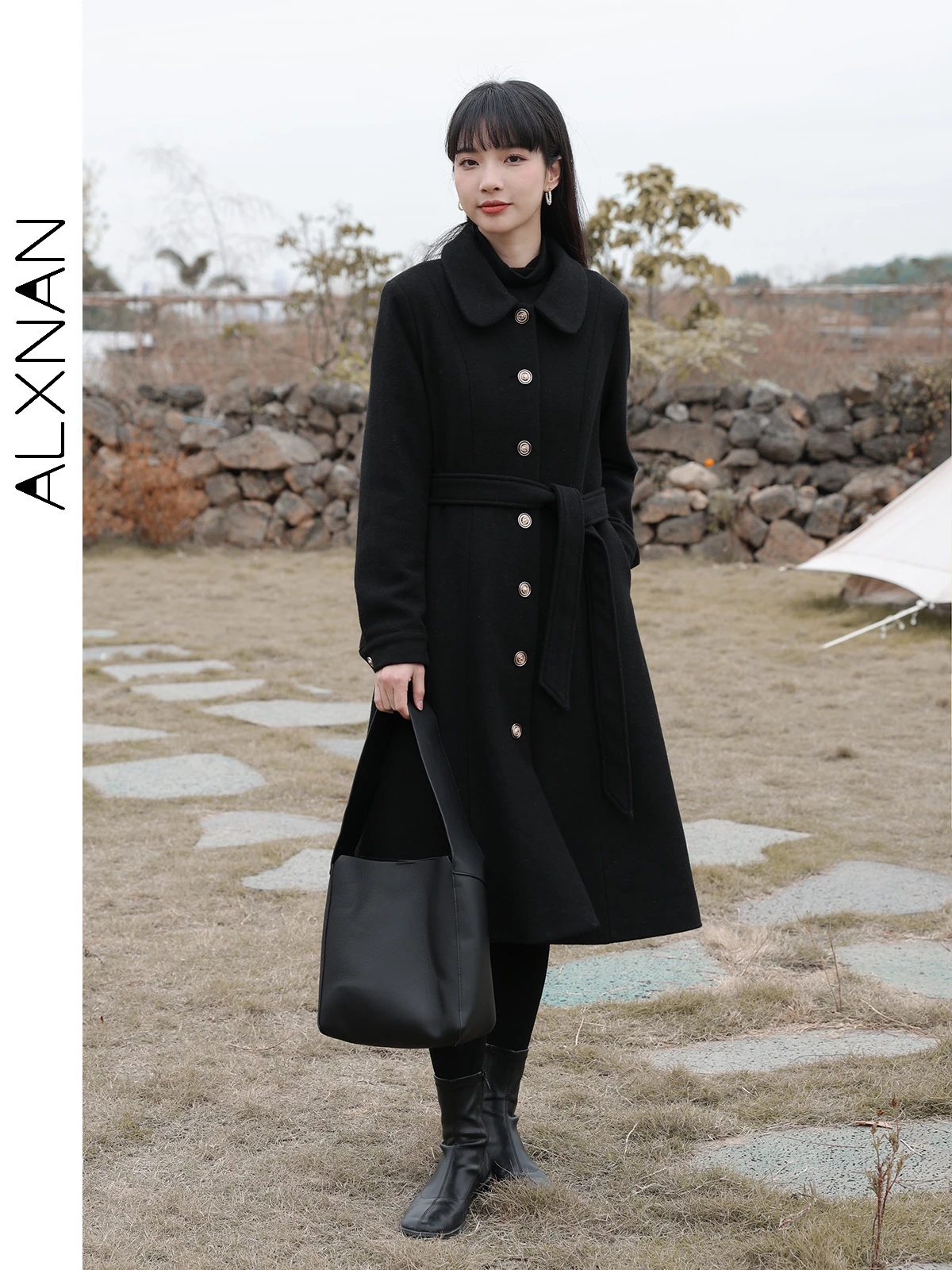 ALXNAN Hepburn Style Black Woolen Coat for Women O-neck Long Sleeve Single Breasted Slim Commuter Long Coat 2024 Winter LXN22779