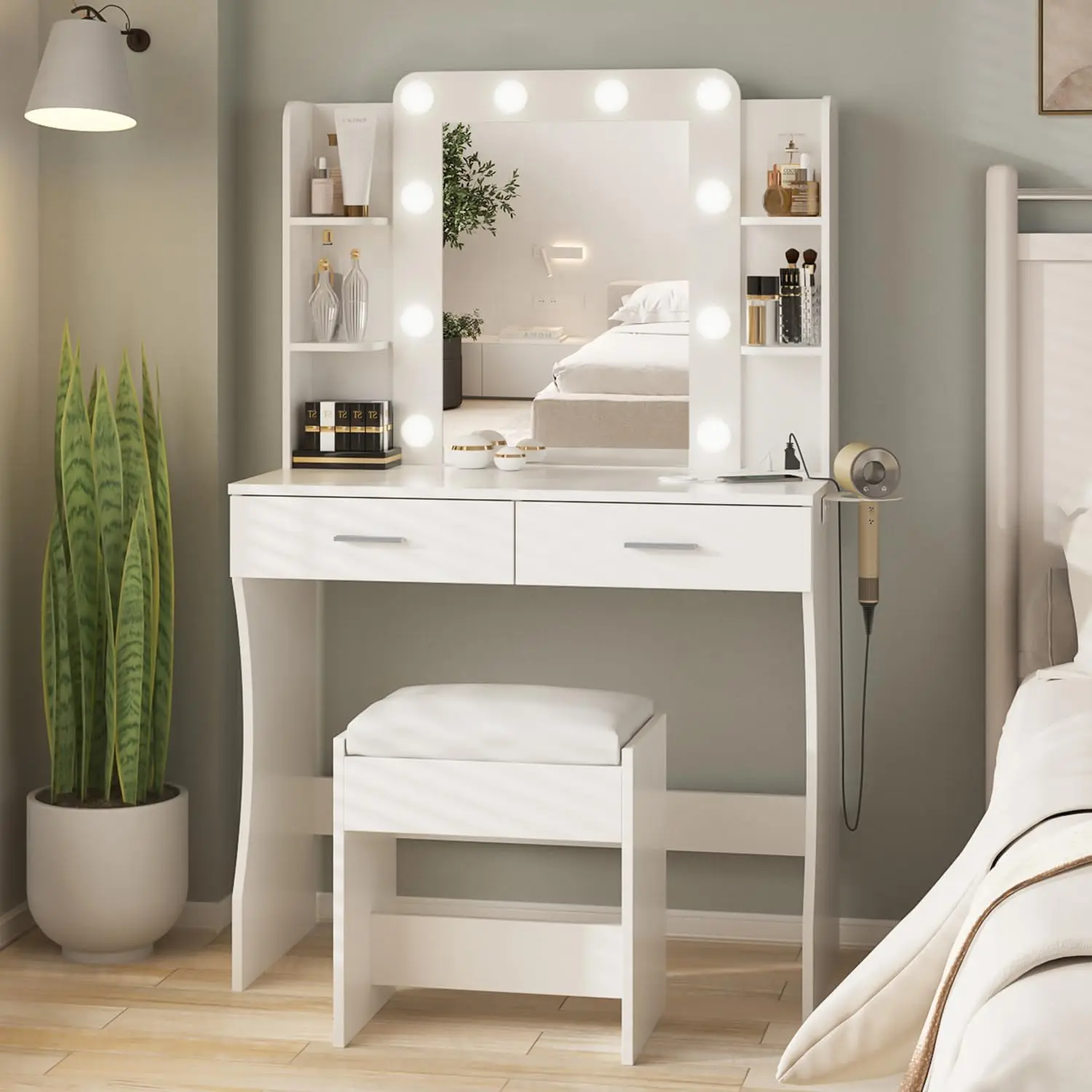 Desk with Lights,Makeup Vanity with Power Strip,Dressing Table Set with 2 Large Drawers,Vanity Mirror, Customized