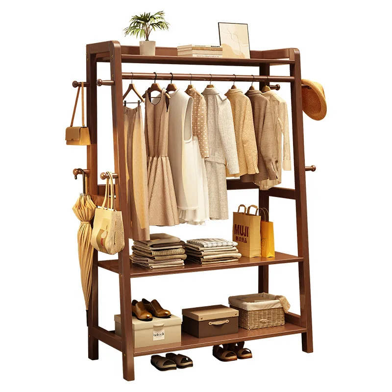 

Wooden hanger Solid wood floor-to-ceiling bedroom Hanging hanger Household room Simple clothes rack Bed end