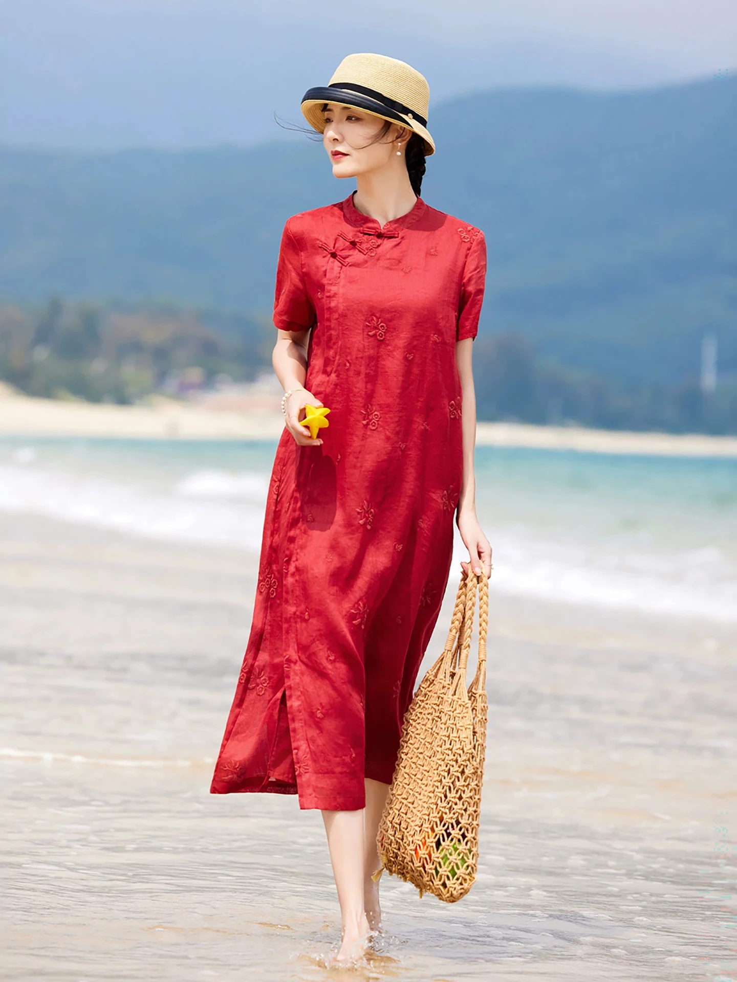 

Red New Chinese Style Cotton Linen Dress Women's Loose Fit A-Line Skirt Breathable Comfortable Short Sleeve Embroidered Dress
