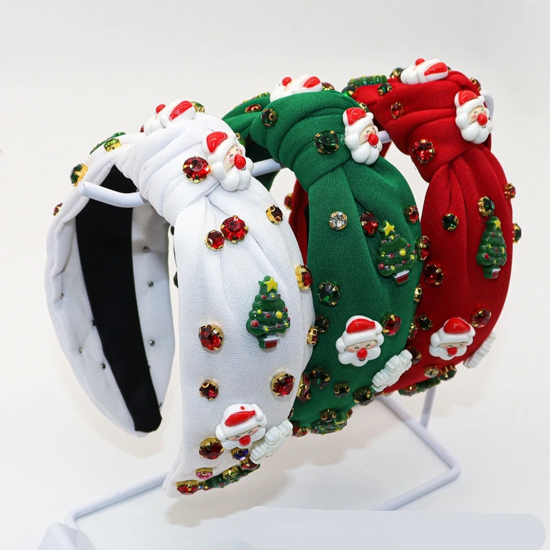 

New Year Knot Wide Headband Christmas Red Green Snowflake Rhinestone Pearls Hair Hoop For Women Girls Xmas Headwear Accessories