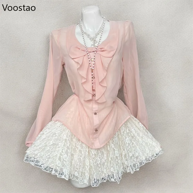 Outono doce lolita estilo 3 peça conjunto feminino kawaii rosa arco babados blusa topos rendas cardigan mini bolo saia feminina y2k outfits