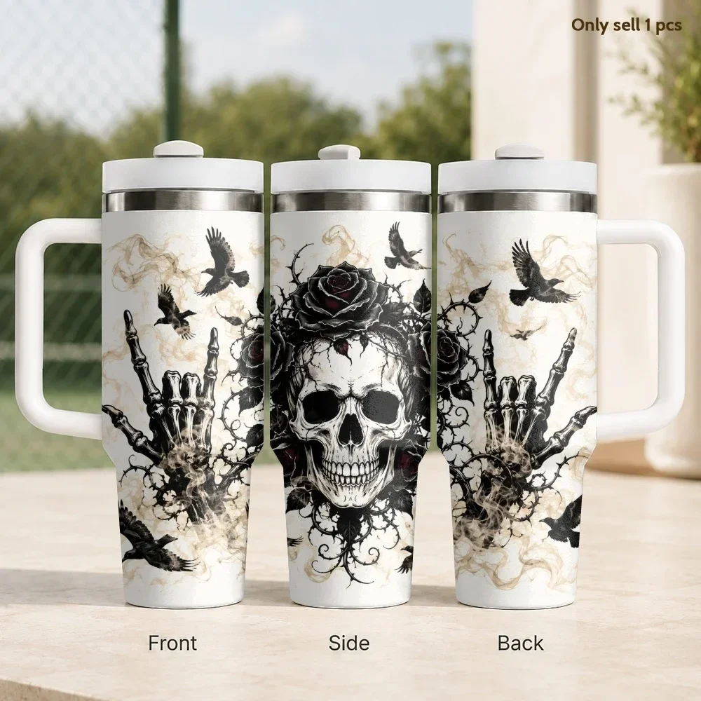 Gothic Skull Rose Ravens Vacuum Flasks 40oz Stainless Steel Insulated Tumbler with Handle & Straw Leakproof Travel Mug
