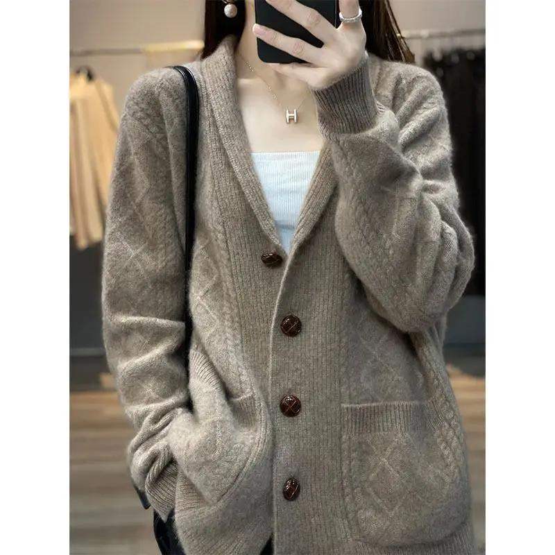 Loose Oversize Retro Rhombic Fried Dough Twists Wool Cardigan Women\'s Thickened Sweater Autumn and Winter 2023 New Knitting Coat