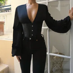 Deep V Neck Blouse Women Long Sleeve Shirt Backless Lace Up Corset Tops Streetwear Autumn Solid Skinny Bustiers Corsets Blouses