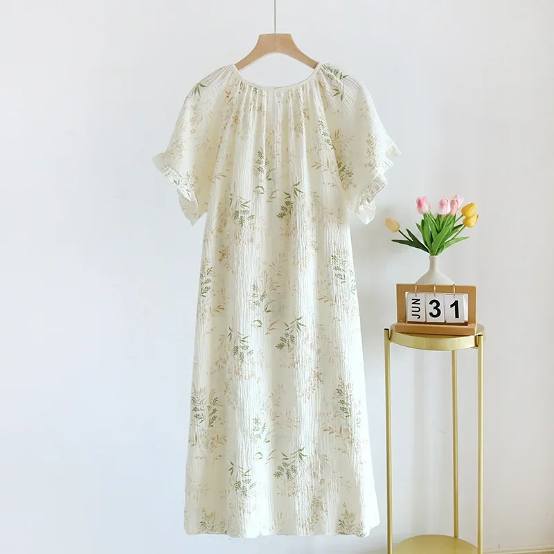 Cotton Medium Length Short Sleeved Pajama Dress with Floral Printed Cute Sweet Homewear Dresses for Nightwear Women Clothes