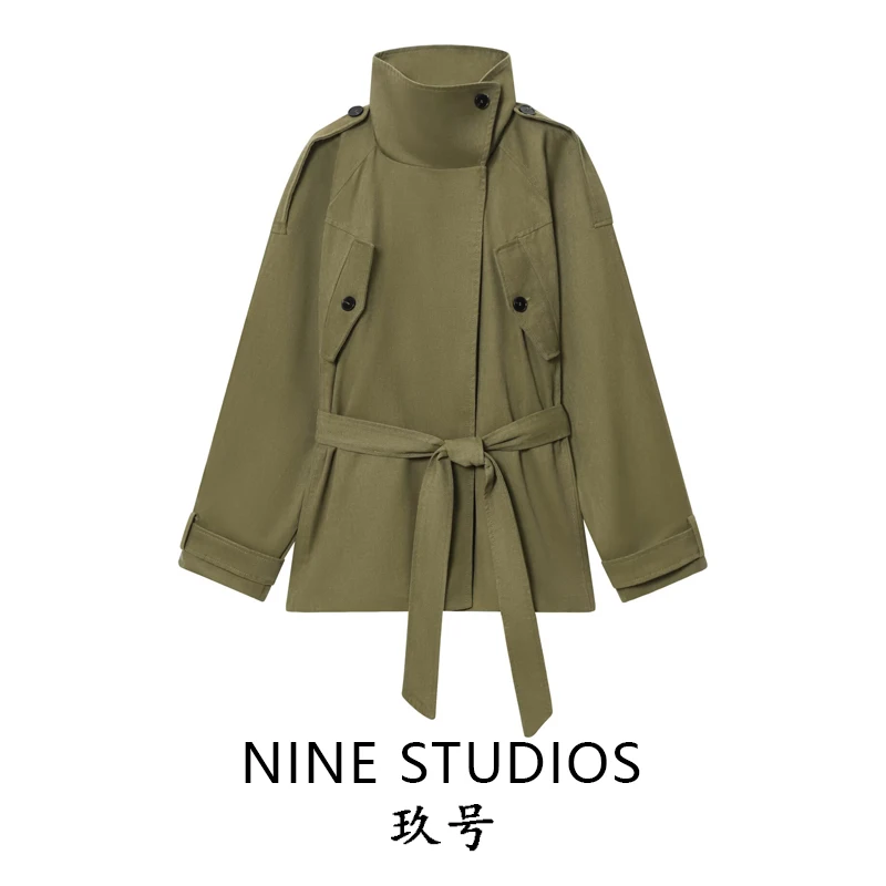 

NINE ZAR женское хлопковое пальто свободного кроя с поясом, топ с высоким воротником, верхняя одежда Jaet, длинный свек, для поездок на работу, полиэфирное волокно