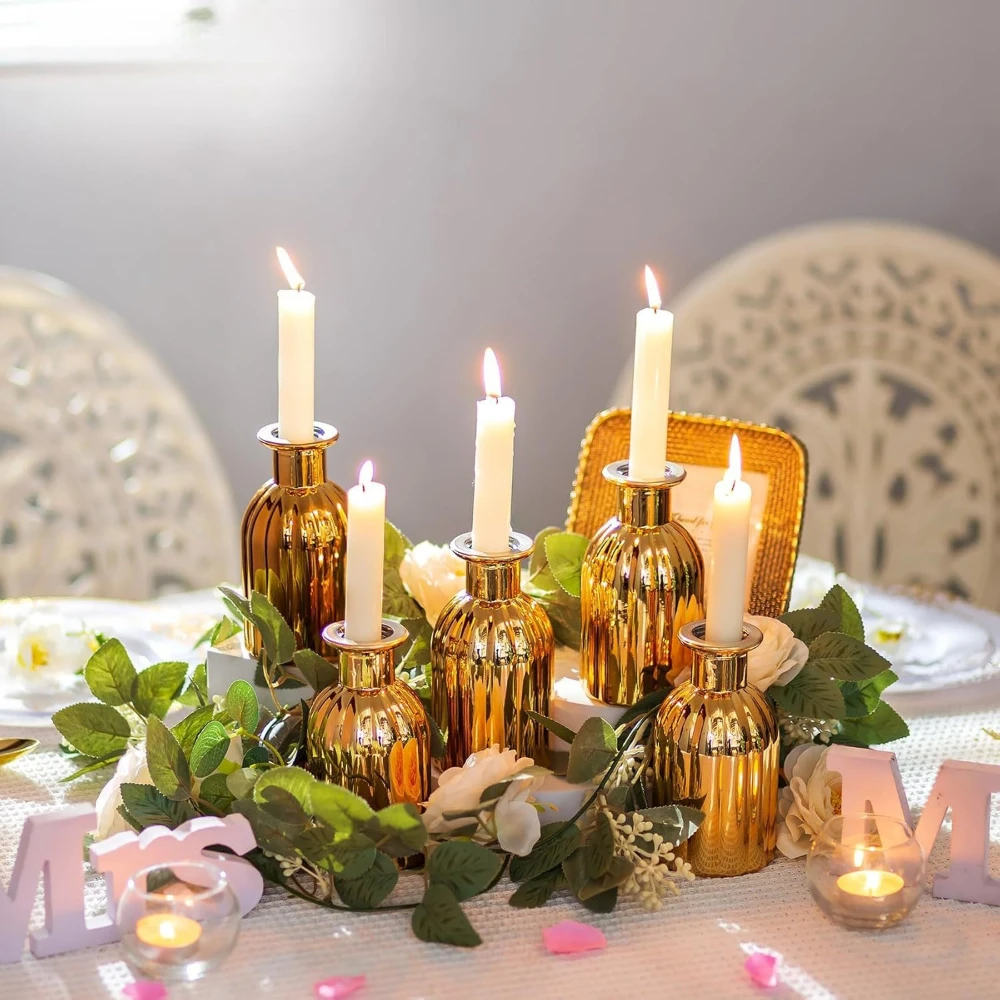 Vintage Striped Gold Glass Vase Small Mouth Hydroponic Fresh Flower Bottle Reed Diffuser Wedding Table Home Decoration