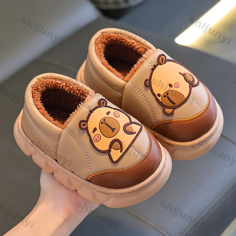 Capybara Autumn Winter Children's Cotton Shoes Fashion Warm Plush Home Slippers Woman Outdoor PU Waterproof Non Slip Boots