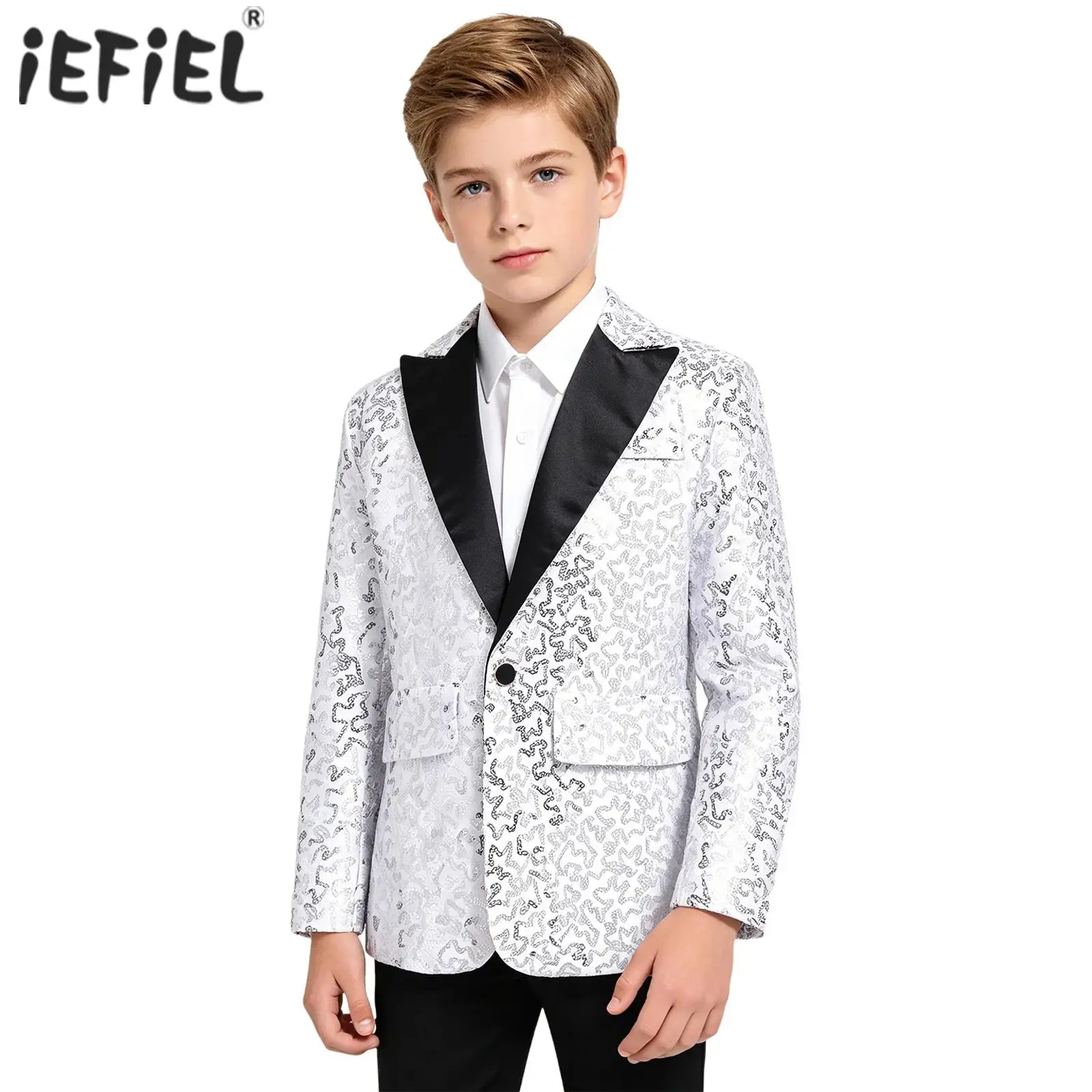 

Kids Boys Jazz Dance Performance Tops Shiny Sequins Lapel One Button Suit Jacket Coat Blazer Tuxedo for Wedding Banquet Party