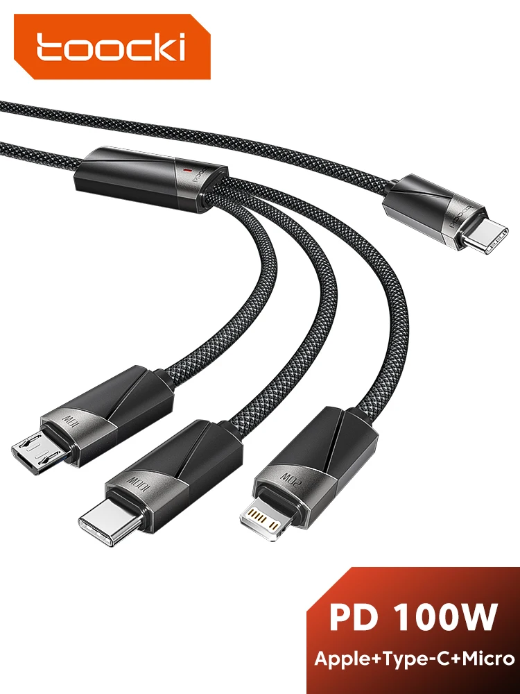 Toocki 3-in-1 Fast Charging Cable charging 100W Super Output Faster Charging More Durable for laptops/tablets/mobile phones.