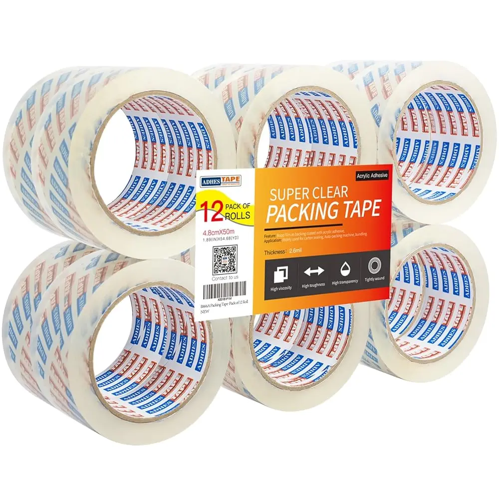 

Суперпрочная упаковочная лента ADHES Super Clear, 36 рулонов, 1,88 дюйма x 55 ярдов, 2,7 мил, усиленная, прочная и долговечная лента для упаковки.
