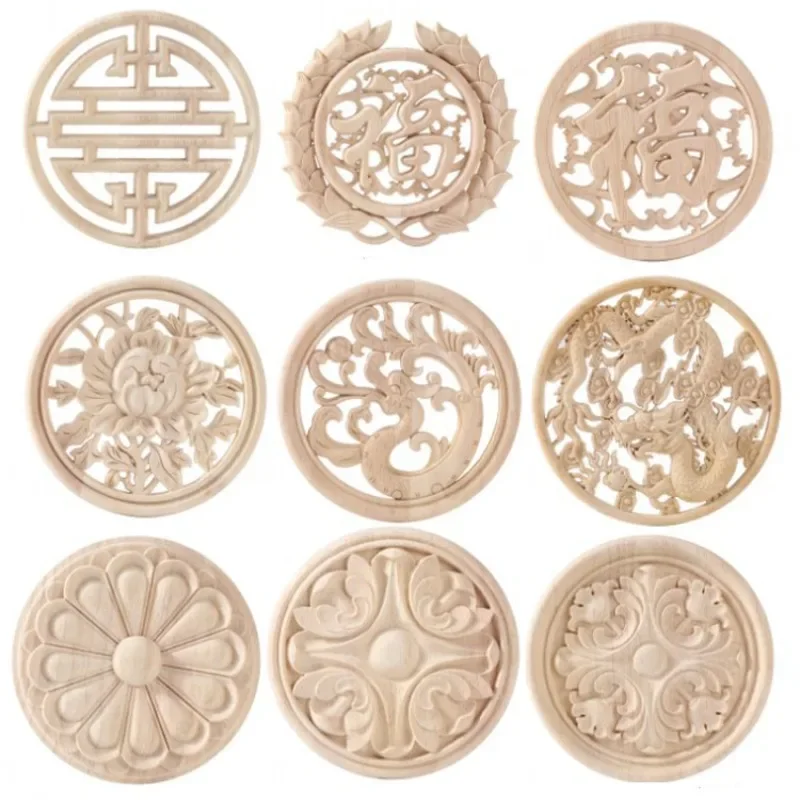 6cm-40cm Carved Flower Carving Round Wood Appliques for Furniture Cabinet Unpainted Wooden Mouldings Decal Decorative Figurine