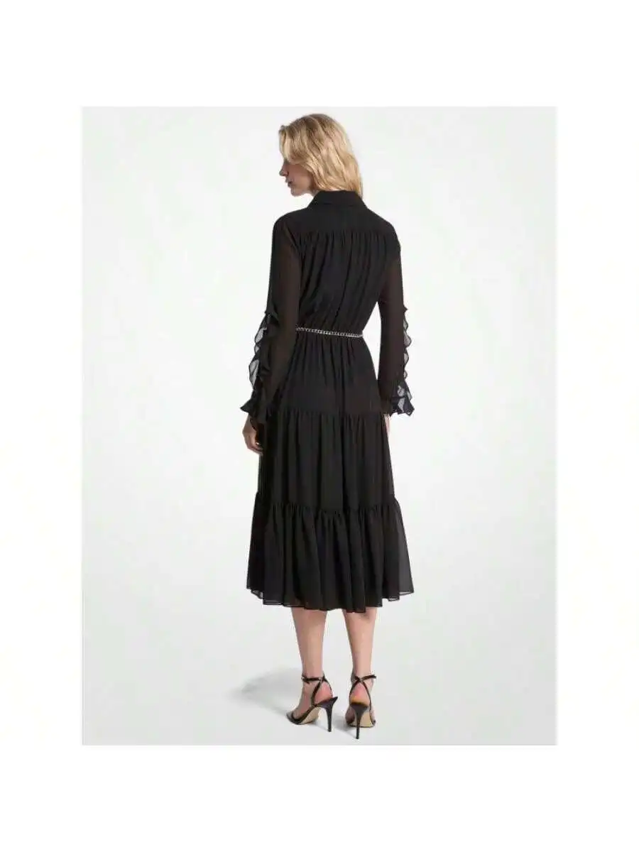 

Ruffled Georgette Midi Dress With Collar And Tiered Hem