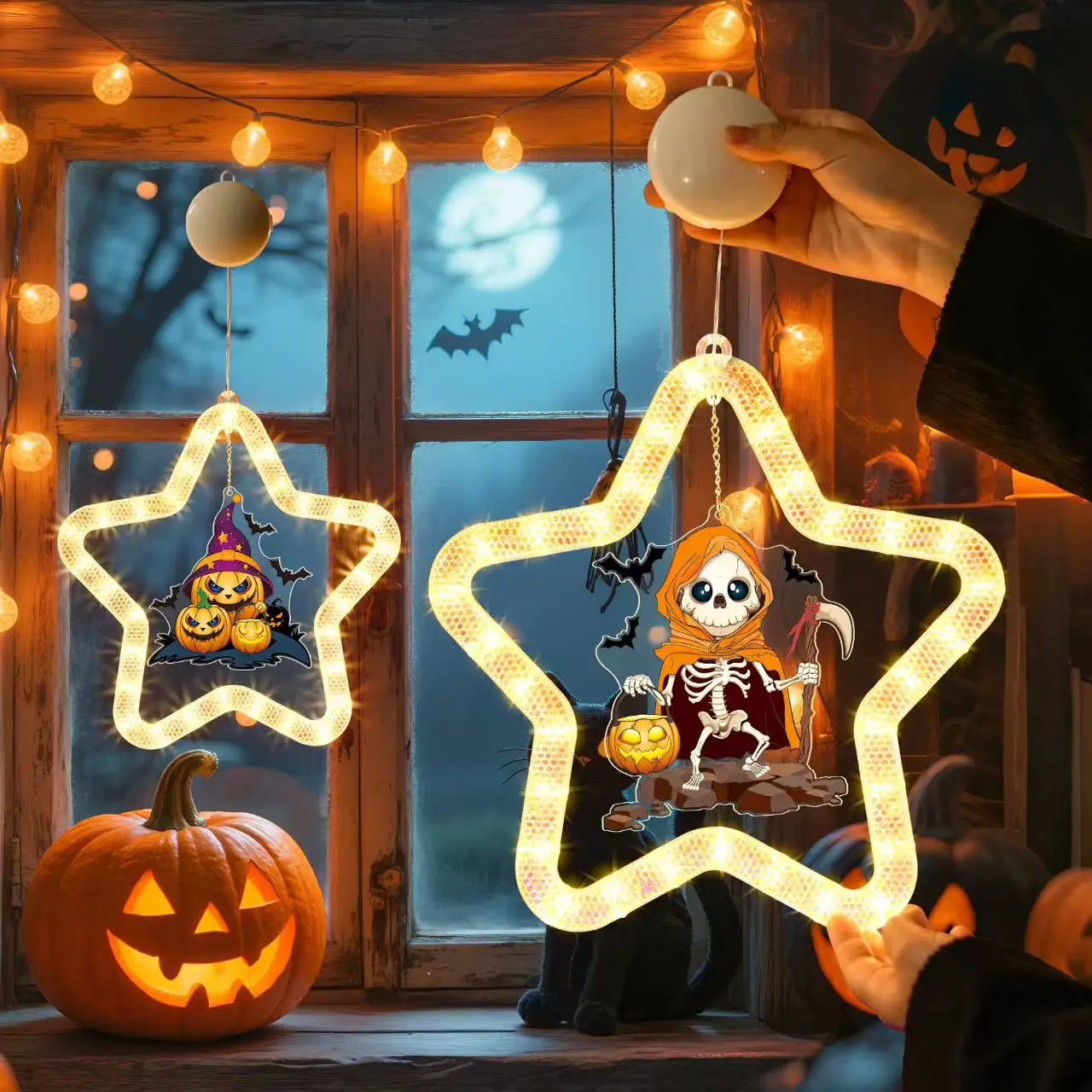 Multicartoon Halloween Hollow LED Window Lights, Assorted Haunted House Themed Lamp, Battery Operated Indoor Ambient Lighting