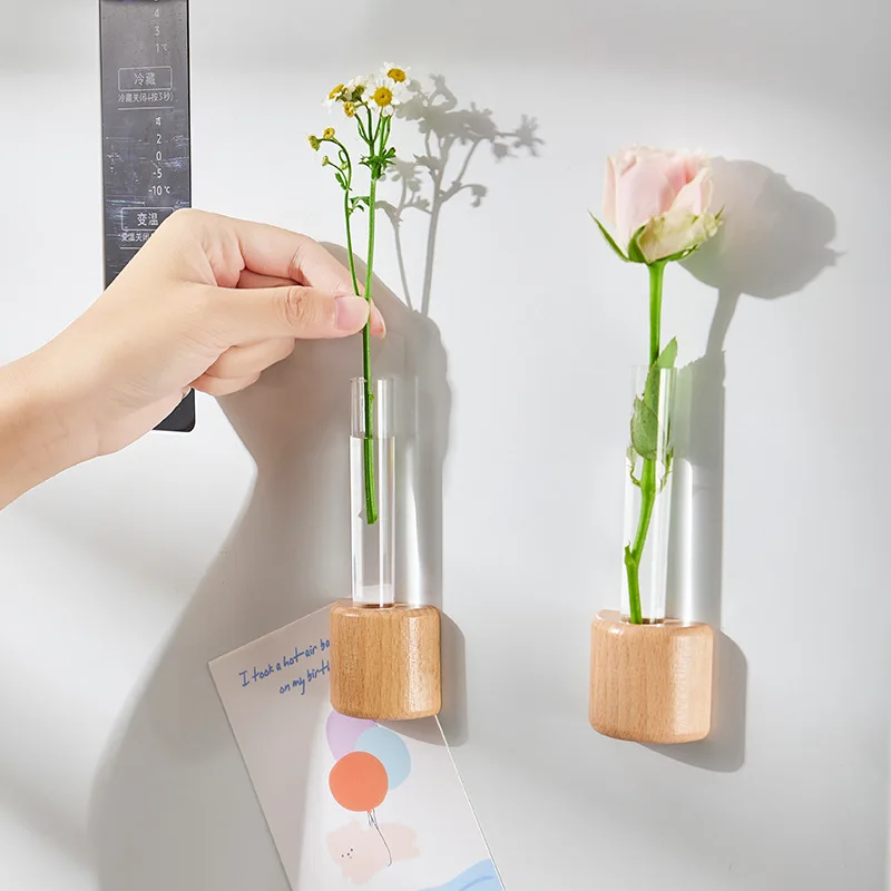 Magnetic Test Tube Vase Natural Wood Color Refrigerator Magnet Hydroponic Flower Vase Creative Wall Mounted Mini Vase for Home