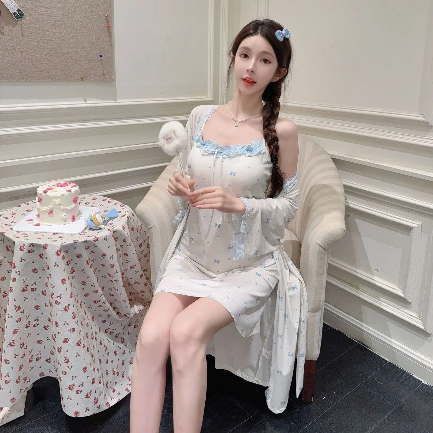 ผู้หญิงลูกไม้ Trim เสื้อคลุมอาบน้ํา Nightgown 2PCS เซ็กซี่น้ําแข็งผ้าไหม Robe ชุดพิมพ์ซาตินผู้หญิง Nightie บ้านชุด