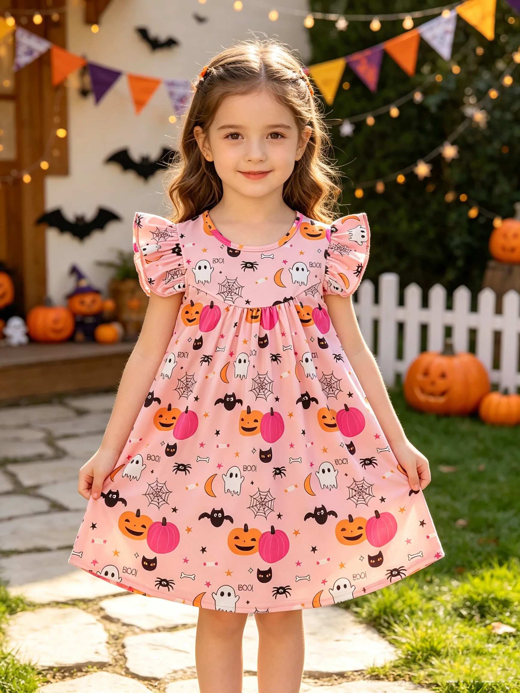 Children's casual, elegant and fashionable round neck ruffled Halloween cartoon printed dress, mid length skirt