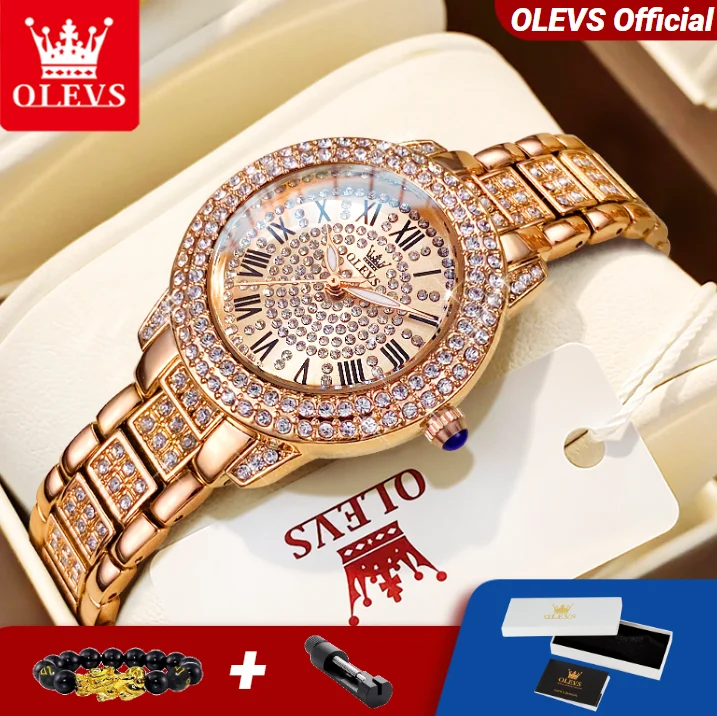 ساعة OLEVS 9943 للسيدات باللون الذهبي الوردي من الفولاذ المقاوم للصدأ مقاومة للماء كوارتز ماسية كاملة للنساء مجموعة هدية