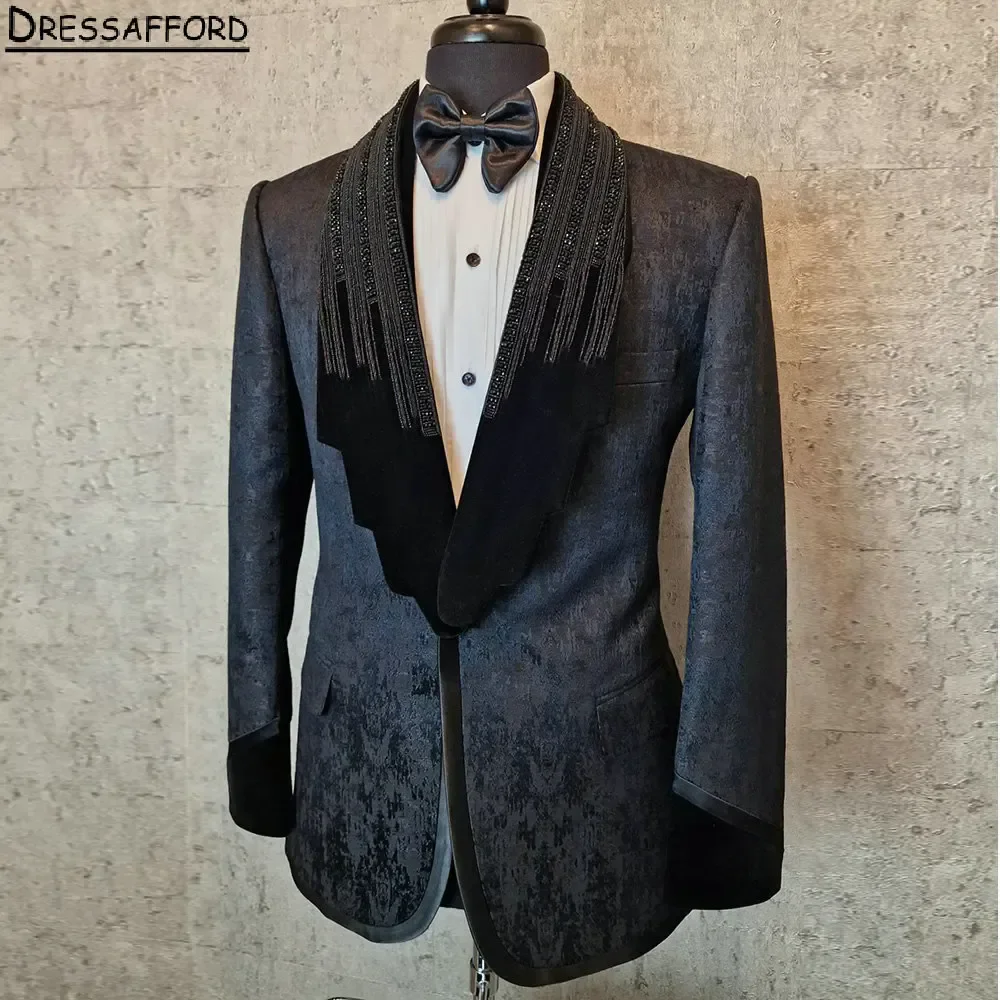 Black Jacquard Weave Men Suits Luxury Beading Evening Party Two Pieces Blazer Groom Wear ( Jacket + Pants )