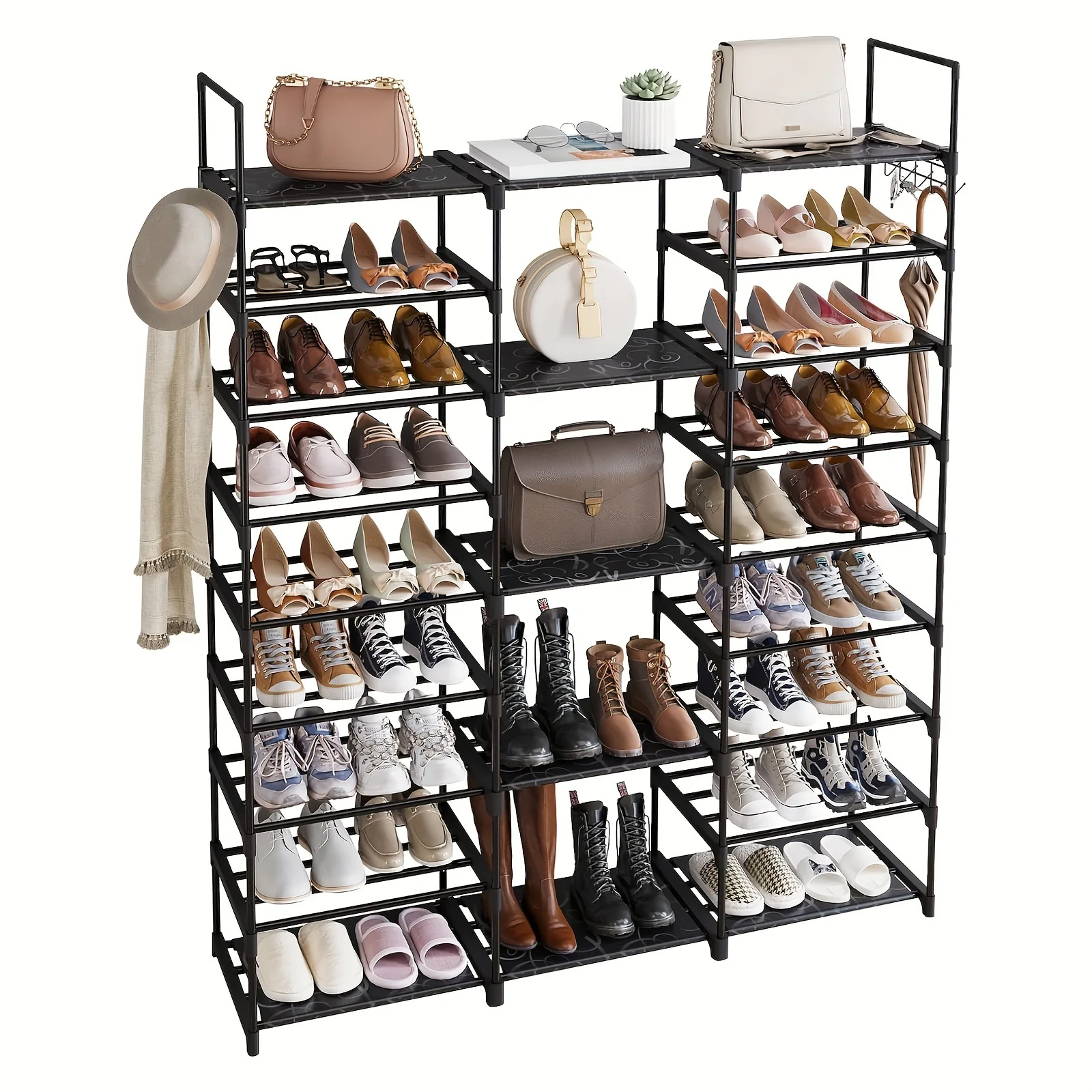 1pc 9 Tier Shoe Rack Organizer(129.5 Depth X 26.9 Width X 155.4 Height Cm), Black, 50-55 Pairs, Stackable Metal Shelf With Hooks For Entryway, Shoe Racks For Bedroom Closet, For Halloween And Christmas