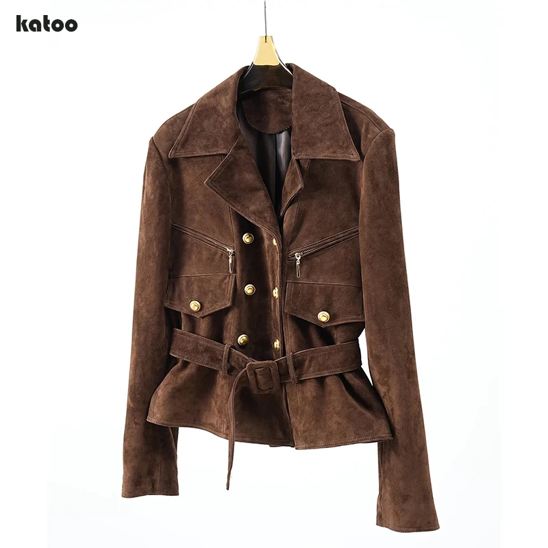 High End Real Suede Leather Jacket for Women Spring Lapel Double Breasted Pocket Zipper Retro Sheepskin Slim Short Coat Belt