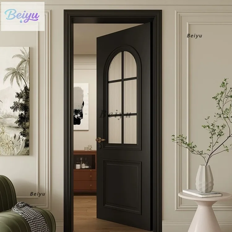 

Французская черная лакированная деревянная дверь, ретро-дверь с сетчатой пряжкой, пиковая дверь для спальни, внутренняя распашная дверь