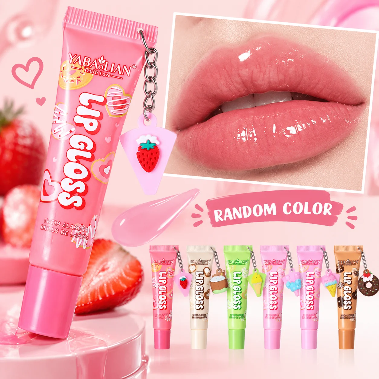 Random 1 Piece Sweet Pendant Lip Gloss, Hydrating Plump Lip Oil Transparent Shiny Lip Gloss Cute Cosmetic for Daily Lips Care