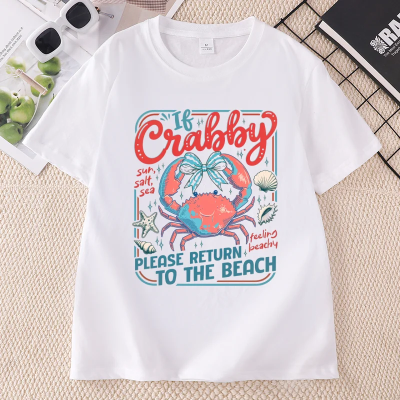 If Crabby T Shirt Women Summer Graphic Tee Funny Please Return To The Beach Tshirt Cotton Round Neck Printed Tees Clothing