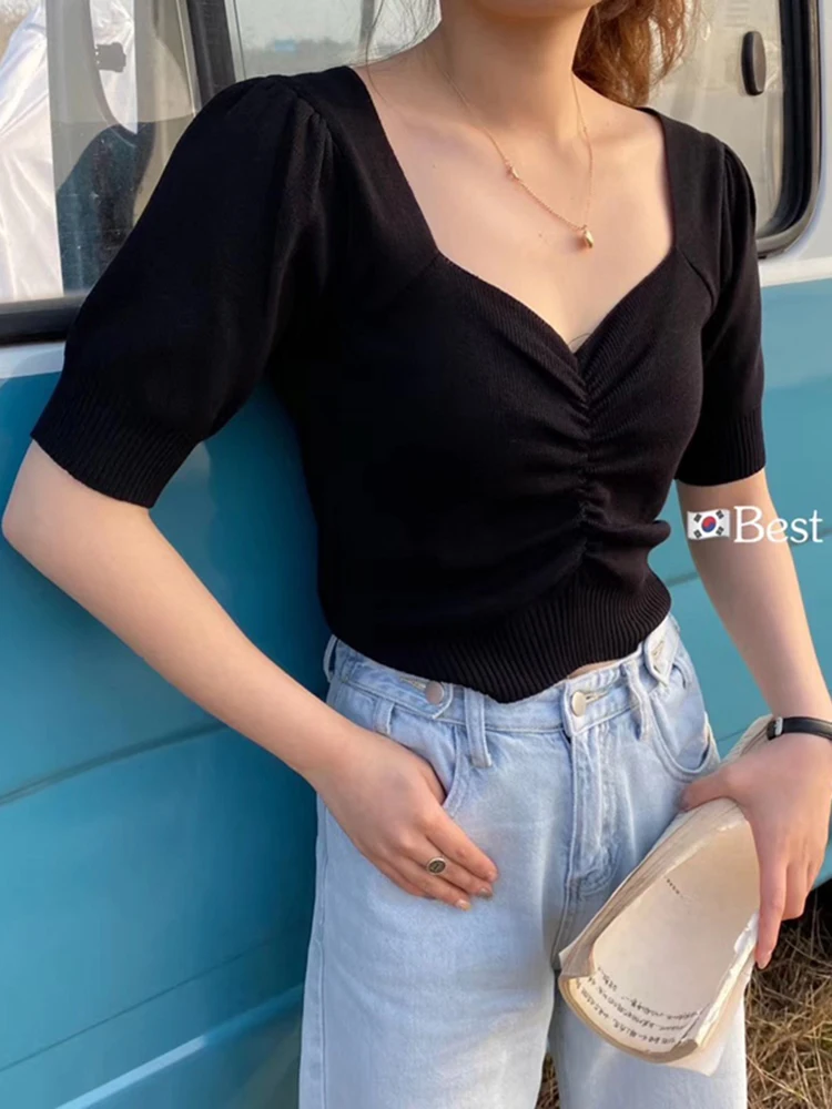 JMPRS Summer Women Knitted Short T Shirt Fashion Square Collar Puff Short Sleeve Tees Casual Solid Chic Ladies Crop Tops