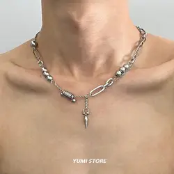 Hip-Hop Rivet Pendant Necklace For Man Woman Punk Titanium Steel Splicing Clavicle Sweater Chain Unisex Jewelry Kpop Accessories