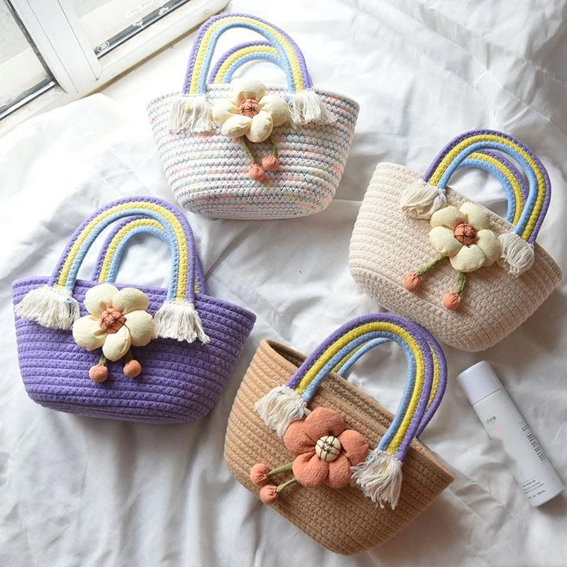 Summer Handmade Bags For Women Beach Weaving Ladies Leisure Bag Handle Handbags Lovely Flowers Rainbow Handles Knit Cotton Bales