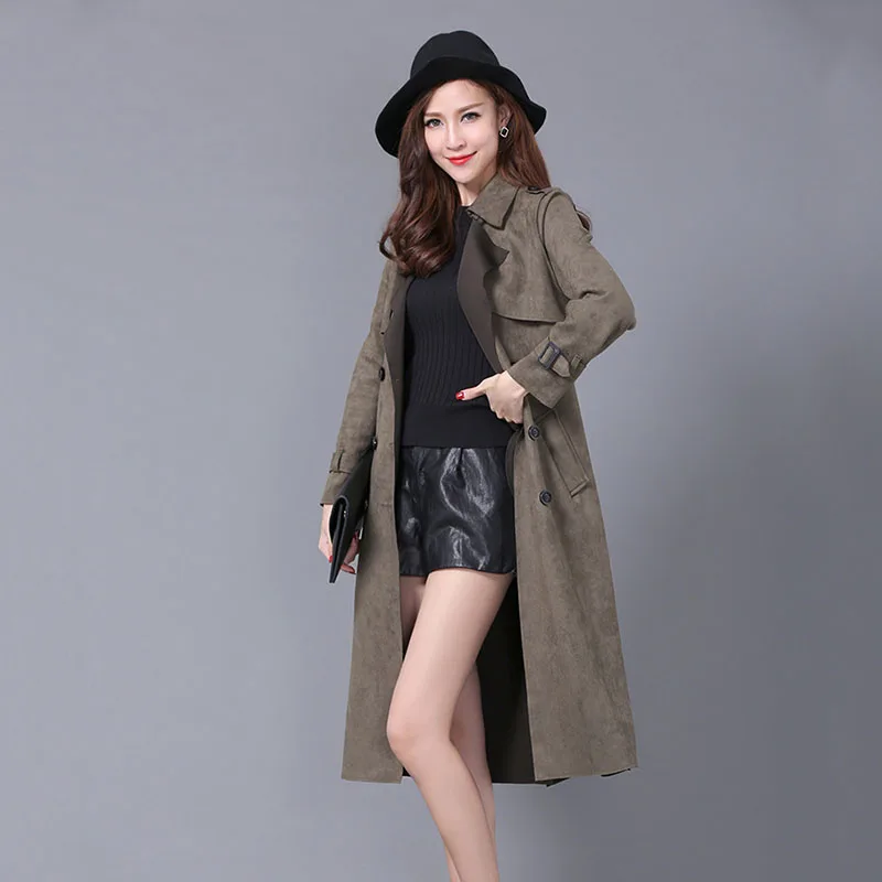 2022 Autumn New Deerskin Velvet Windbreaker Women Korean Slim Long Trench Coat Belt Ladies Tops Elegant Chic Overcoat Streetwear