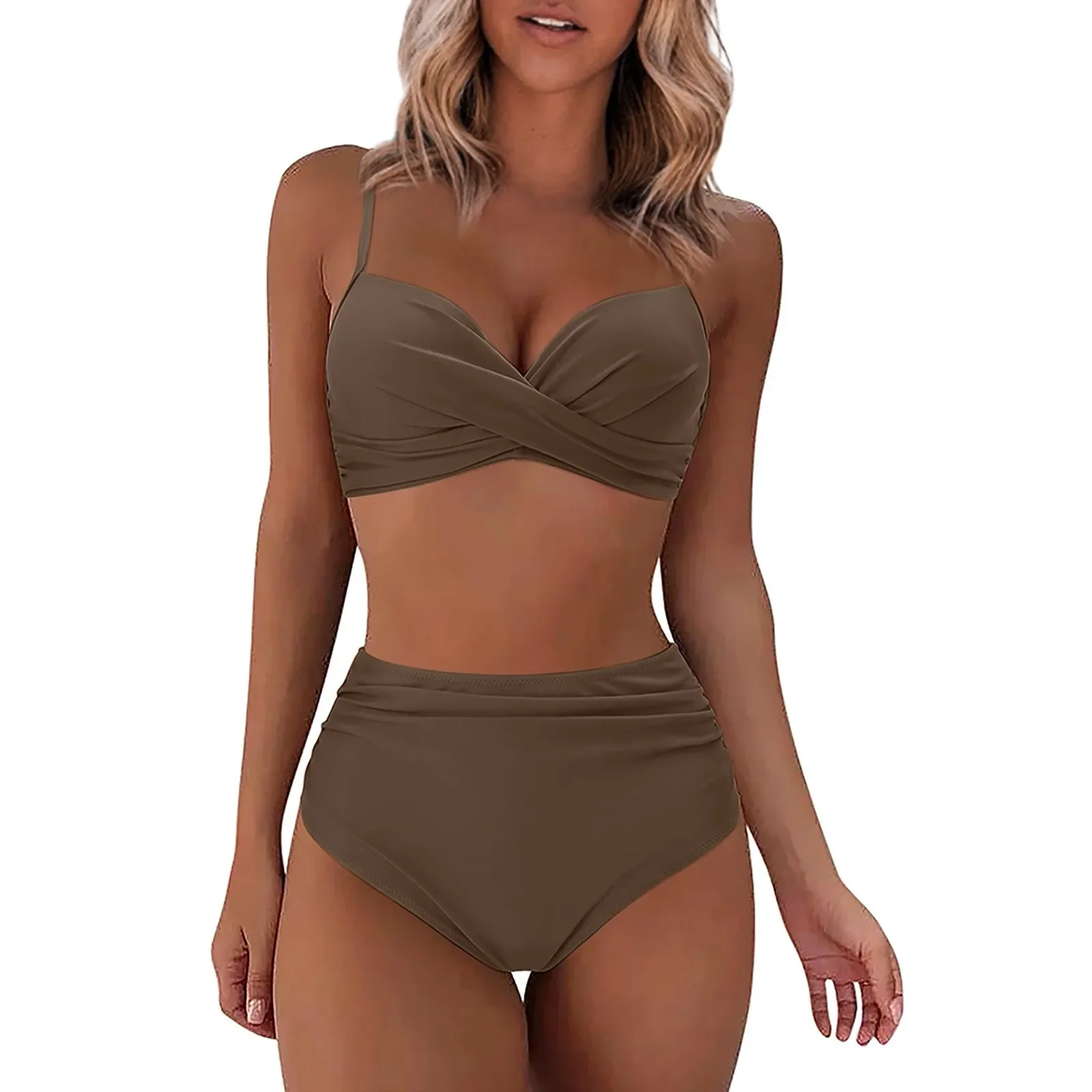 Maillot de bain deux pièces pour femmes, sexy, imprimé, fendu, taille haute, push up, couleur unie, printemps été 2024