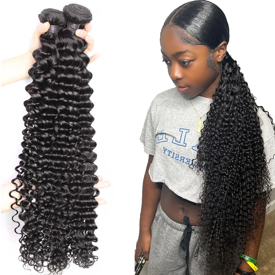 MISSANNA 34 36 38 40 inch Deep Wave Human Hair Bundles Peruvian Hair Deep Curly Bundles Sew-in Hair Weaves Remy Hair Extensions