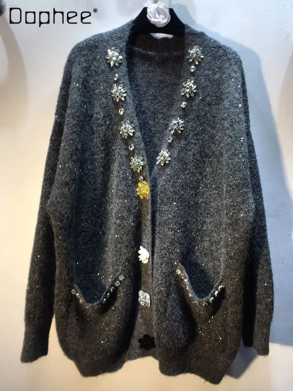 

Europe Station 2025 Autumn New Heavy Embellished V-Neck Loose Slimming Hidden Button Sequin Knitted Cardigan Jacket for Women