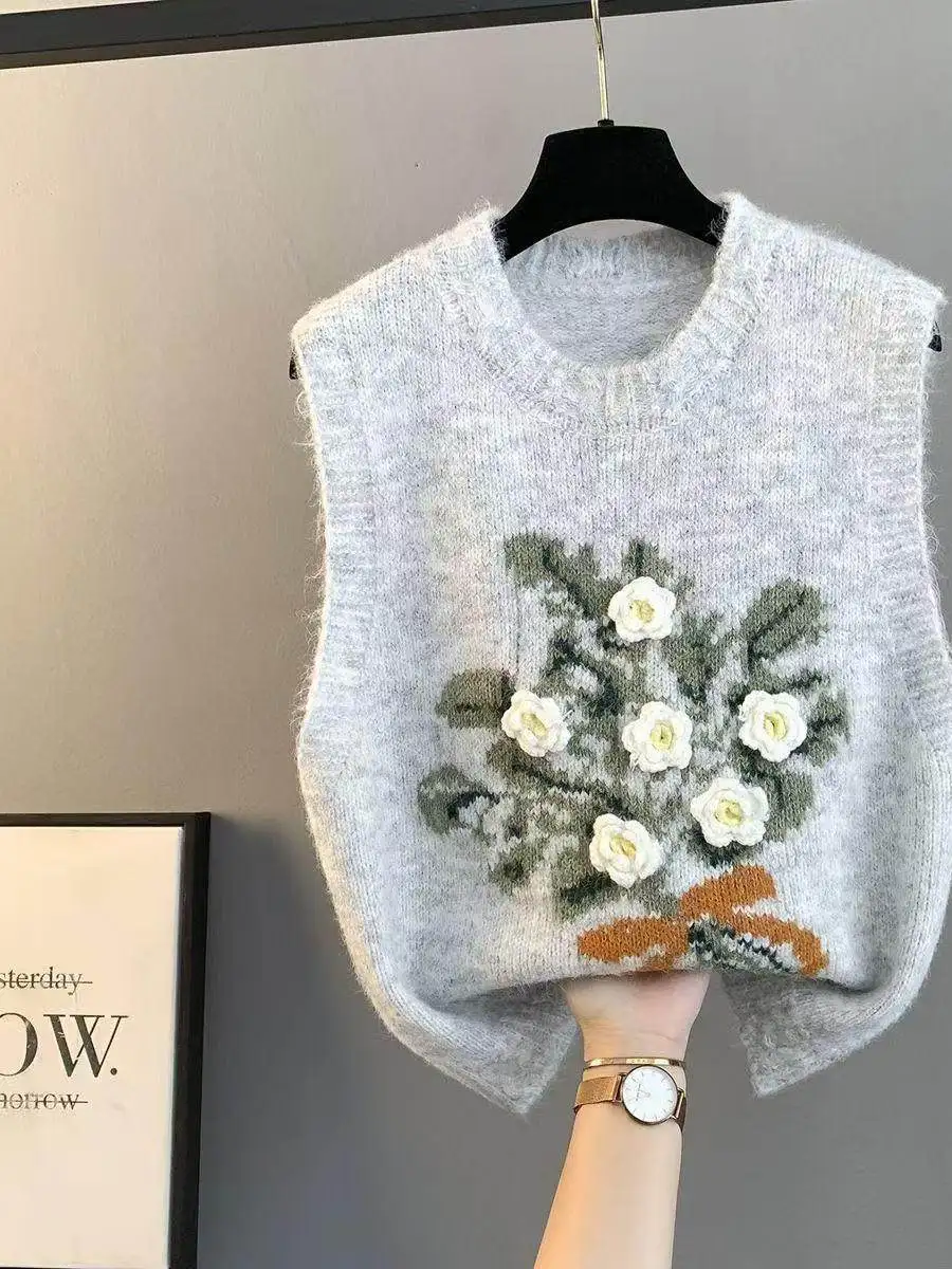 Korean Style Soft Embroidered Flower Sweater Vest Women Overhead Loose Spring Autumn Thick Knitted Top Layered Clothing