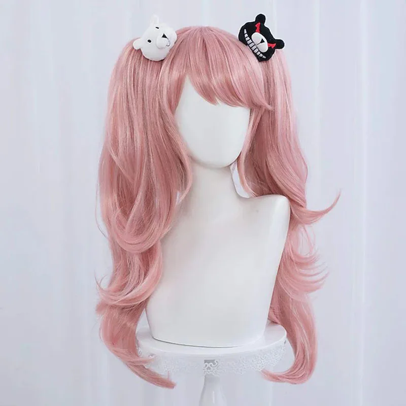 Danganronpa Enoshima Junko Cosplay Wig, peruca ondulada longa rosa com clipe de rabo de cavalo, grampos de cabelo preto branco