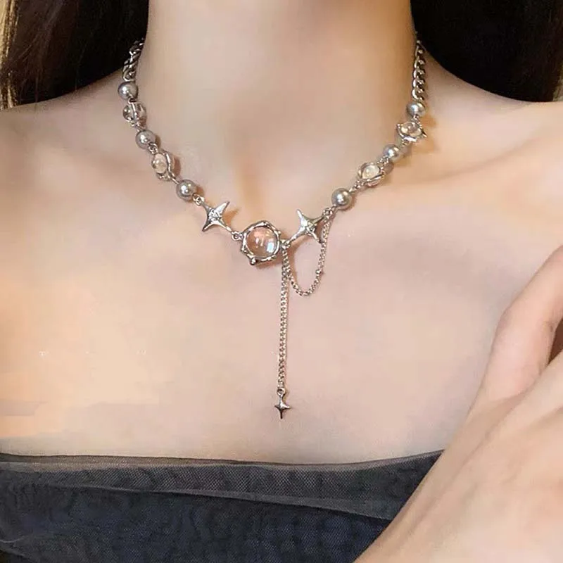 Funkelnde Mondlicht-Stein-Anhänger-Halskette für Frauen, Sternenlicht, unregelmäßige lange Quastenkette, Halsreifen, Accessoires, Modeschmuck – Detail 12