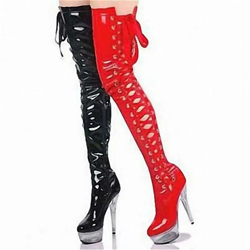 

​15CM Platform Thigh High Boots Pink, Patent Leather Over The Knee Boots with Lace-Up, Transparent Heel Party Shoes​