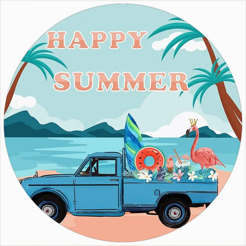 Round Metal Tin Sign Happy Summer Beach Surfing Tree Truck with Flamingo Rustic Home Bar Kitchen Restaurant Wall Art Decor