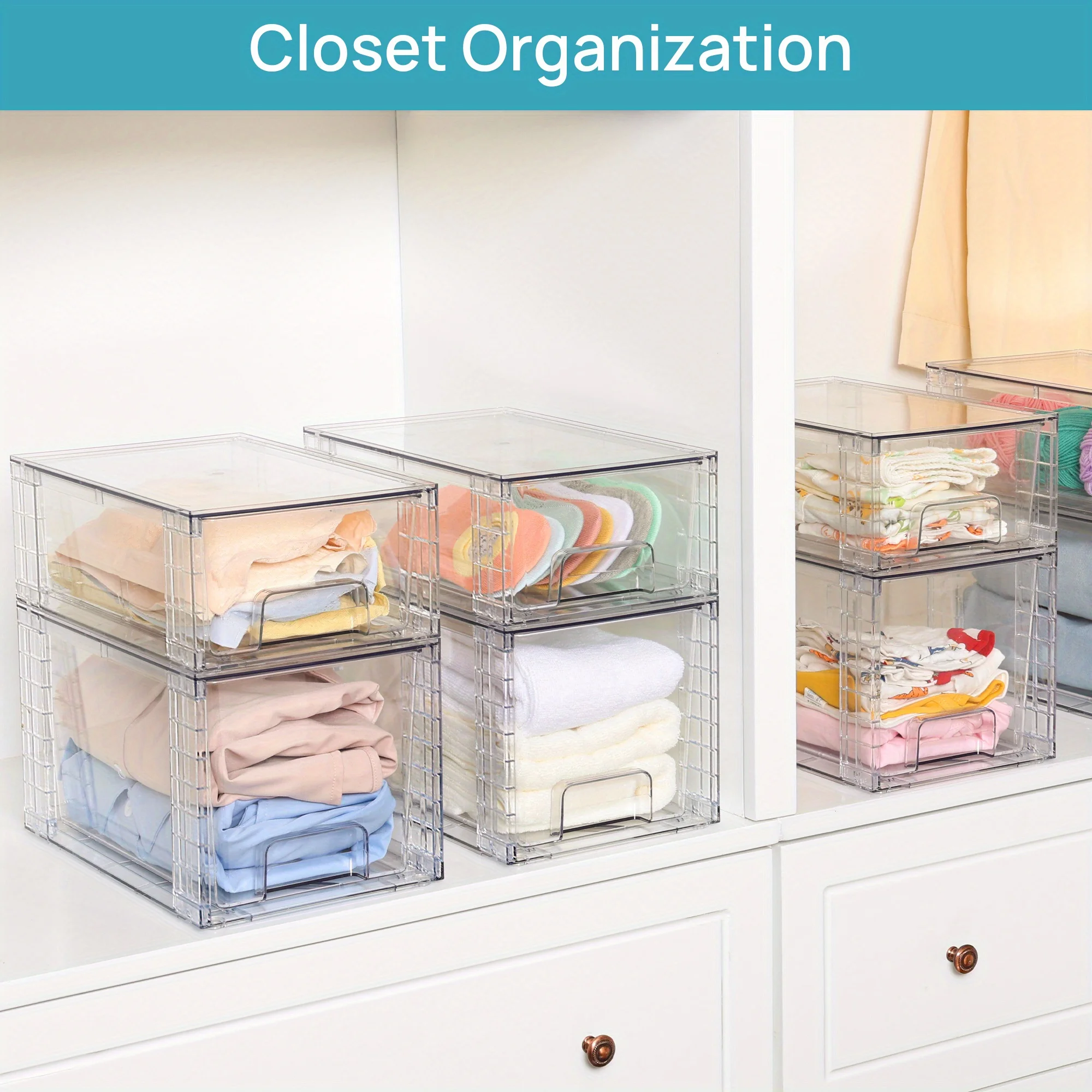 4 Pack Clear Stackable Drawers with Sliding Rails, No Tools Assembly Plastic Organizer for Under Sink,Pantry, Bathroom & Kitchen