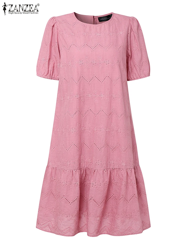 ZANZEA Openwork Embroidered Knee-Length Dress Women 2025 Summer Short Puff Sleeve O-Neck Patchwork Solid Color Dresses 4 Colors
