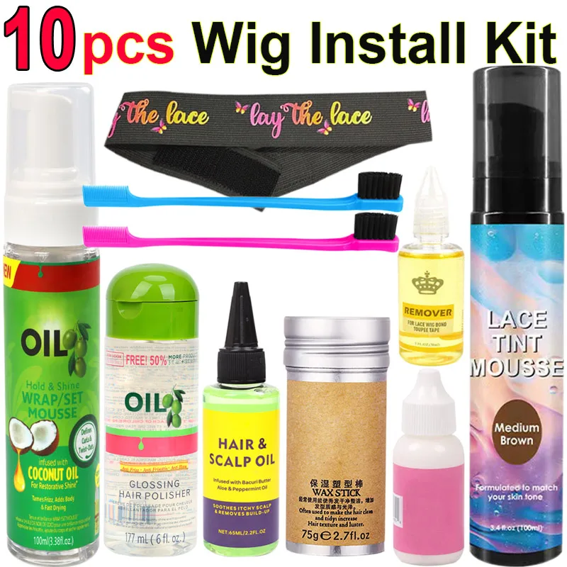 

10Pcs Wig Wear Kit For Lace Front Wigs, Hair Mousse Lace Tint Spray Hair Polisher Scalp Oil Hair Pomade Wig Glue Lace Melt Band