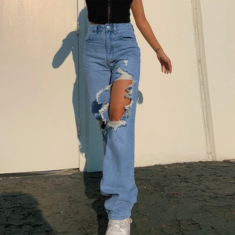 

Loose Retro High Waist Boyfriend Mom Y2k Denim Old Streetwear Female Fashion Clothes Women's Ripped Fashionable Straight Jeans