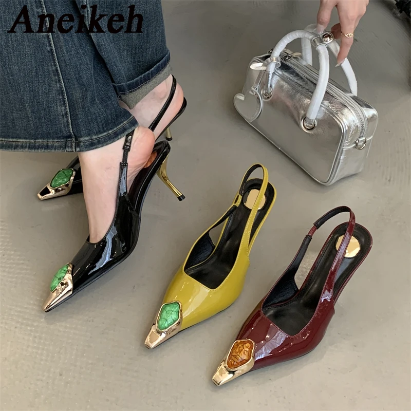 Aneikeh Street Style Design Metal Square Head Diamonds Woman Pumps Sandals Elegant Sexy Low-heel Banquet Prom Slingbacks Shoes